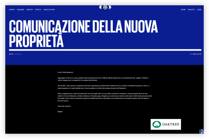 皇冠体育官网_米兰体育报道国米官网刊登橡树资本公开信:致力确保运营和财务稳定性继续成功
